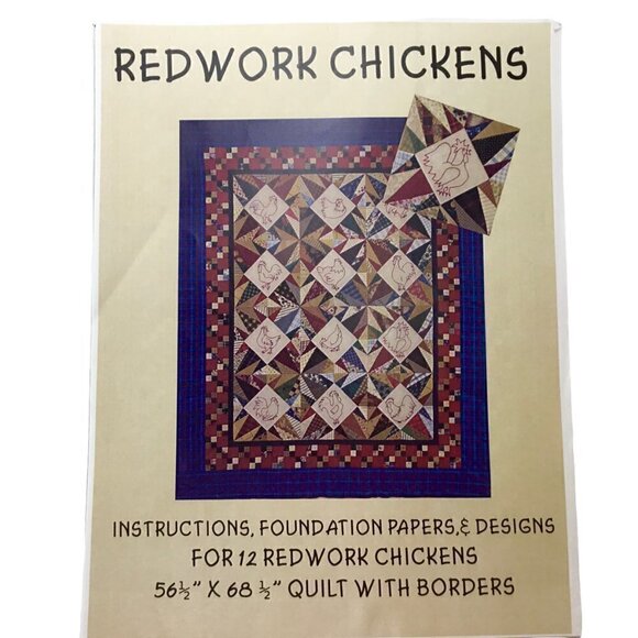 Redwork Chickens Foundation Paper Piecing Quilt Pattern Quilting Pieced Blocks - Picture 1 of 8